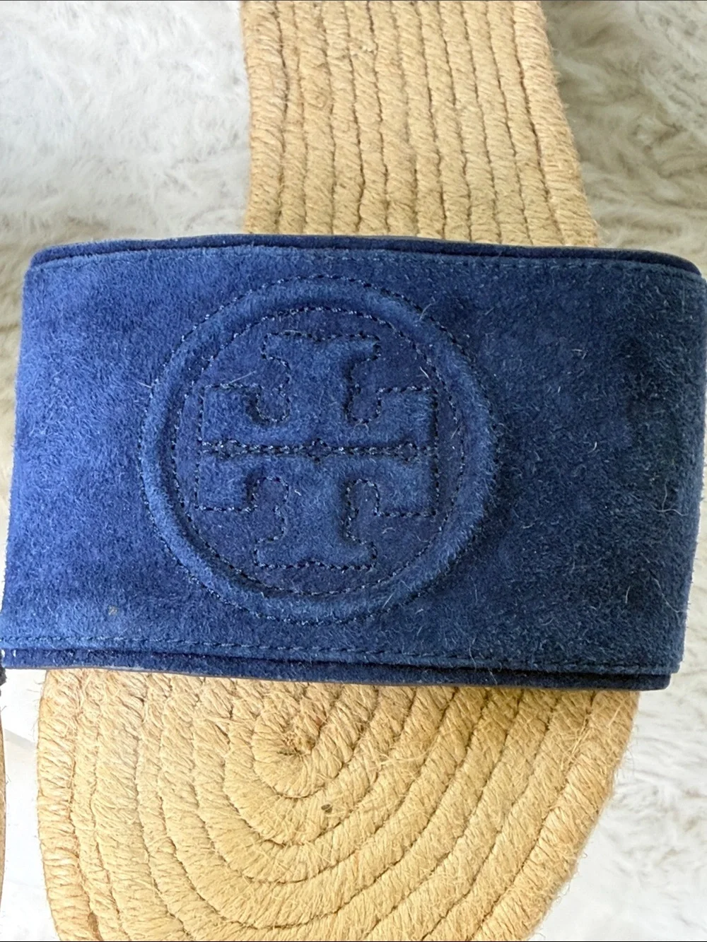 Tory Burch Benton Kid Suede Open Toe Espadrille Slide Navy 7.5 Embossed Logo